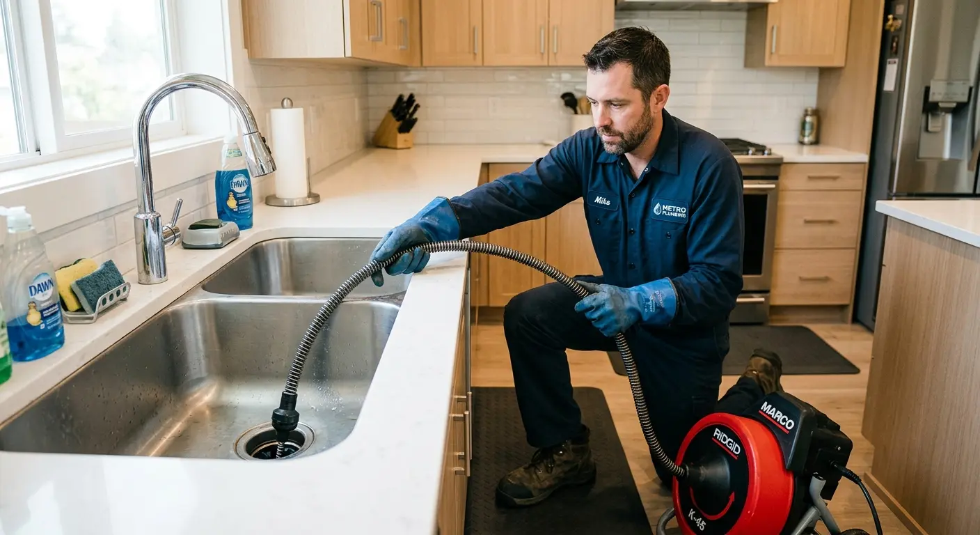 Drain cleaning technician using a motorized snake on a kitchen sink in Inglewood