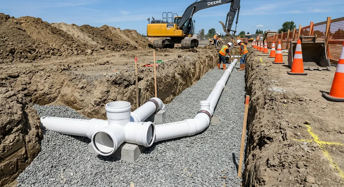 New PVC sewer pipe installation in open trench for Sewer Backup in Inglewood