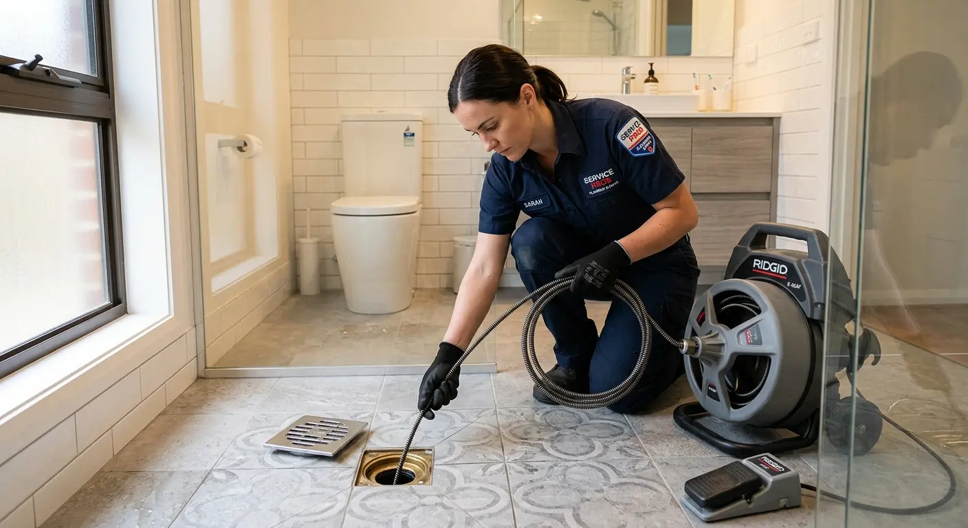 Technician clearing a bathroom floor drain for Sewer Line Replacement in Inglewood